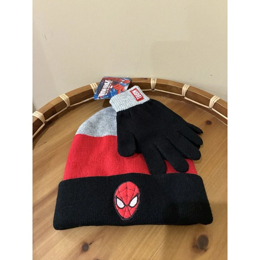 Spiderman Marvel Knit Hat Beanie & Glove Set Kids New Unisex Black Red Gray